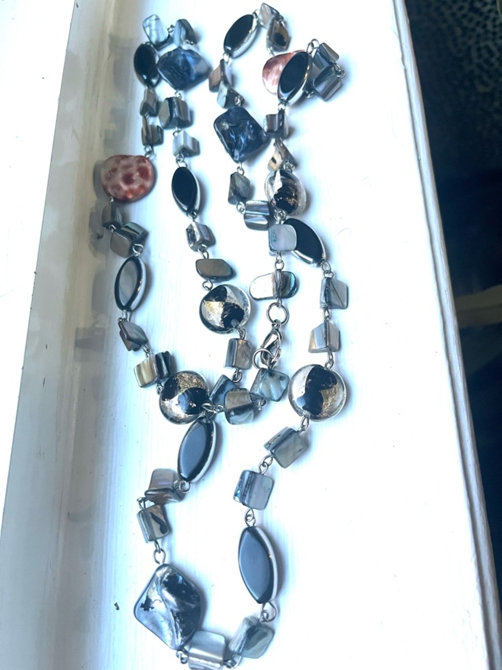 Long Black and Iridescent Multi-Shape Beaded Necklace